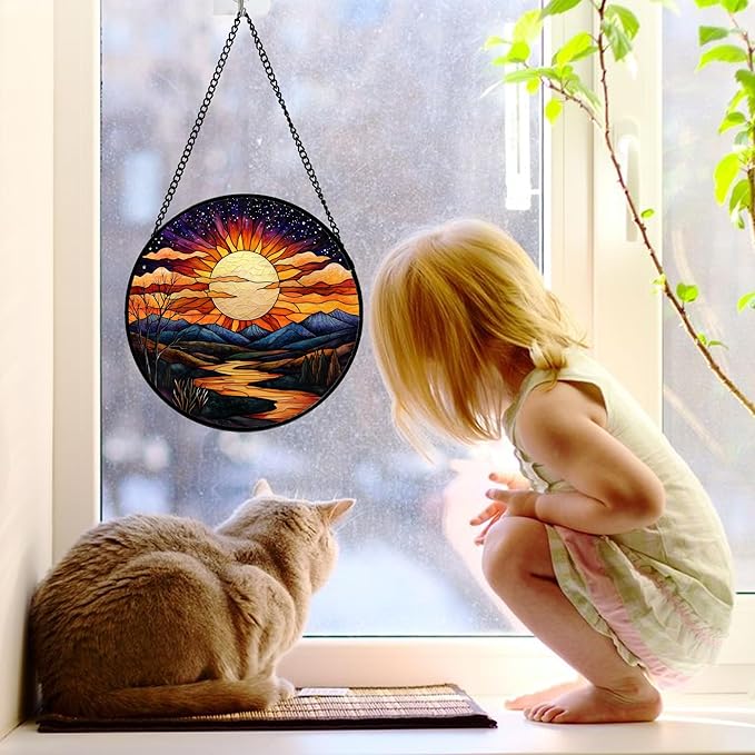 Stained Glass Window Hanging, The Sun Shines Brightly on Lake Sun Catchers Colorful Glass Panel Suncatcher Decor for Birthday for Women, Men, Wife, Lovers, and Mom 7.8 in