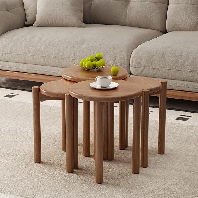 Stackable Stools Set of 4, Wooden Stools 18 Inch Stool Nesting Side Tables Nesting Coffee Table Sturdy and Durable, No Installation Required,Top Stackable Round Stool for Saving space(Walnut Barstool)