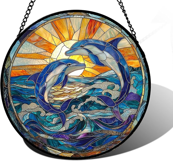 Stained Glass Window Hanging, Blue Dolphin Sun Catchers Colorful Glass Panel Sunrise Sea View Suncatcher Decor for Birthday for Women, Men, Wife, Aunt, and Mom 6.3 in