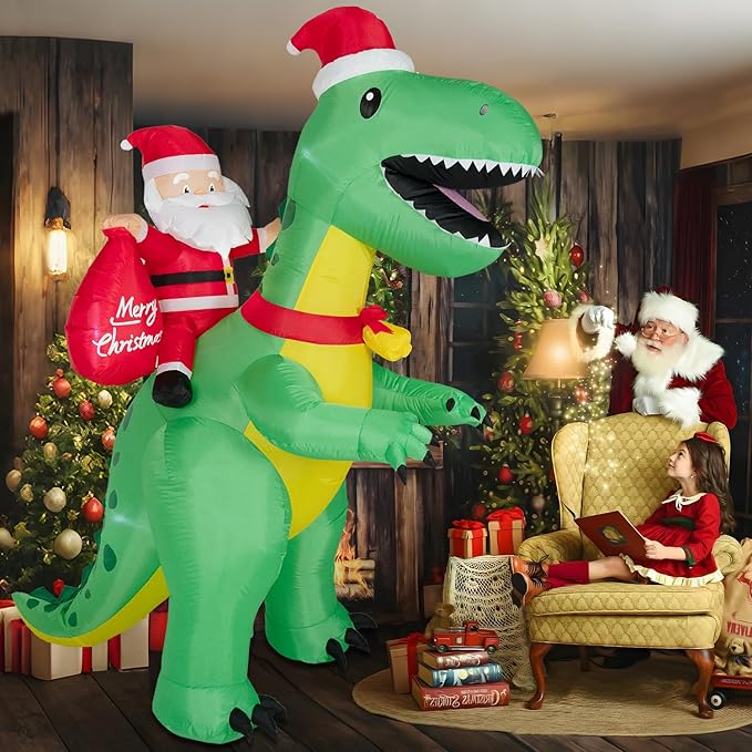 8FT Christmas Inflatables Santa Claus Riding Dinosaur,Inflatables Decorations Outdoor/Indoor,Christmas Blow Up Santa Claus Yard Decorations Built-in LED Lights,for Yard/Lawn/Garden.