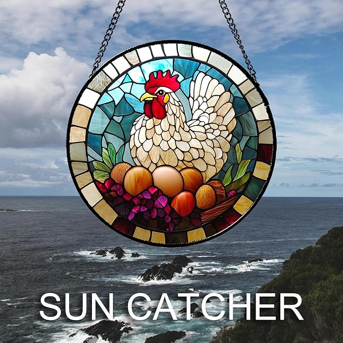 Stained Glass Window Hanging White Chicken Hatching Eggs 9.8" - Suncatcher Door Garden Sunroom Sun Catcher Home Decor Birthday Christmas for Mom Men Woman Nana