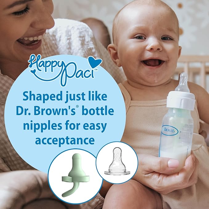Dr. Brown's HappyPaci 100% Silicone Baby Pacifier, Contoured One-Piece Design, Gray, Green, Ecru, 0-6m, BPA-Free, 8-Pack