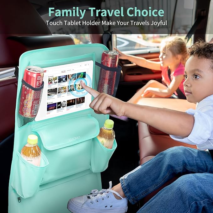 LUCMO Car Backseat Organizer with Touch Screen Tablet Holder,9 Storage Pockets Car Storage Organizer,Protectors Kick Mats Travel Accessories for Kids-Light Blue