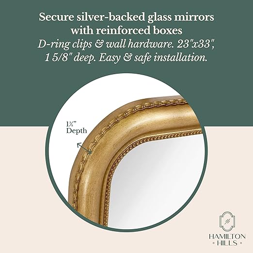Hamilton Hills 40" x 30" Classic Gold Mirror - Rich Framed Top Round Corner- Thick Arched Top Rich Wall Mirror - Vanity for Bathroom Decor, Bedroom, Living Room - Hangs Horizontal or Vertical