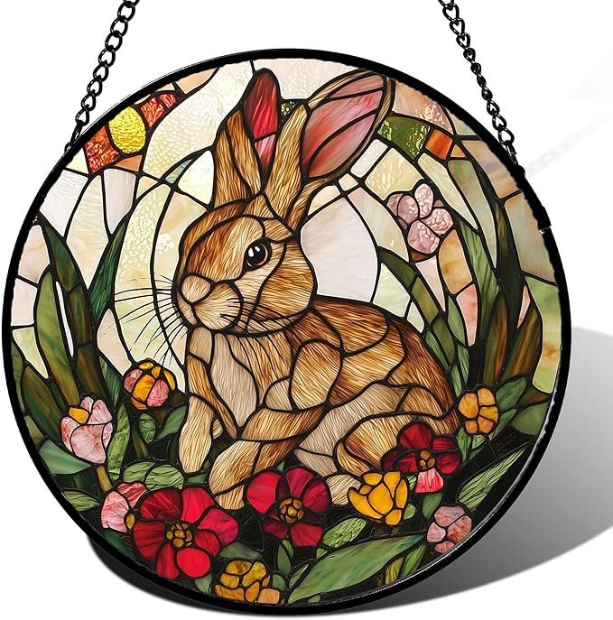 Stained Glass Window Hanging, Cute Bunny Flowers Sun Catcher for Window Door Home Decor, Rabbit Suncatcher Christmas Mother's Day Birthday Gifts for Women Men Mom and Nana 7.8 in
