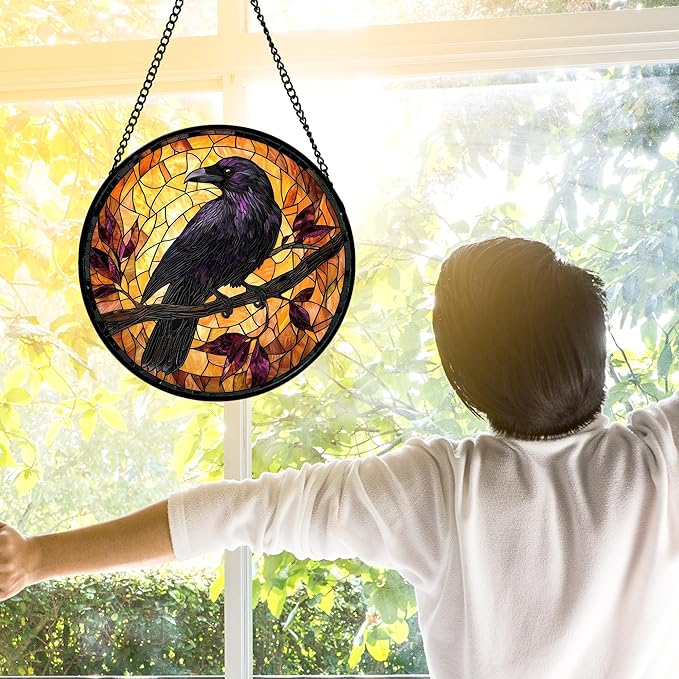 Stained Glass Window Hanging - Crow on a Branch Suncatcher Ready to Hang Window Doors Home Decoration and Christmas, Mother's Day Birthday Gifts for Women, Men, and Mom 7.8x7.8 in