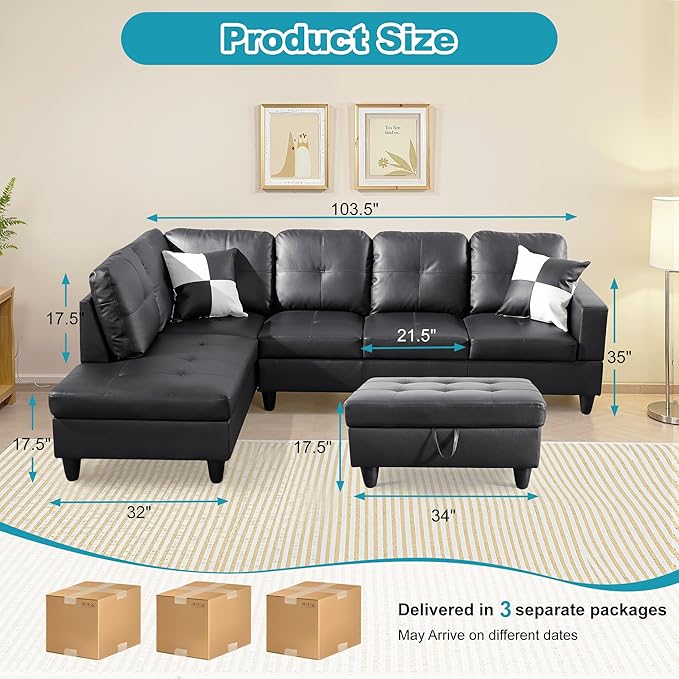 L Shaped Couch Faux Leather Sectional Couch Upholstered 3 Pieces Sofas for Living Room with Chaise, Storage Ottoman for Office and Small Apartment, Black