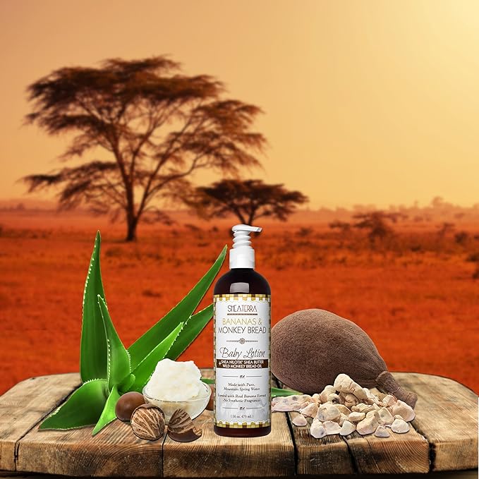 Shea Terra Organics Mama and Baby Collection | Bananas & Monkey Bread Baby Lotion | Non Toxic All Natural Emollient with Baobab and Shea Butter for Dry Skin – 16oz
