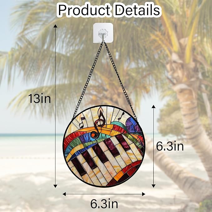 Stained Glass Window Hanging, Piano Notes Sun Catchers Glass Panel Suncatcher Decor for Birthday for Women, Men, Wife, Aunt, and Mom 6.3 in