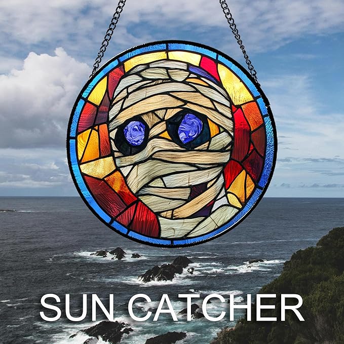 Stained Glass Window Hanging Halloween Blue-Purple Eyeball Mummy 6.3" - Suncatcher Door Garden Sun Catcher Gothic Decor Birthday Horror Funny Gift for Mom Woman Nana Friend Men