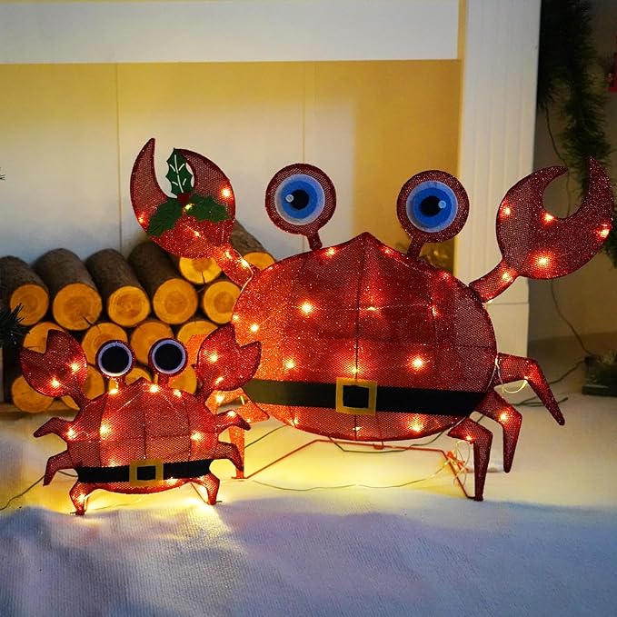 Dazzle Bright Christmas Outdoor Decorations Yard, 2 Piece Battery Operated Lighted Crab 50 LED Lights with 8 Lighting Modes, Light Up 2D Crab for Xmas Holiday Front Garden Patio Lawn Decor