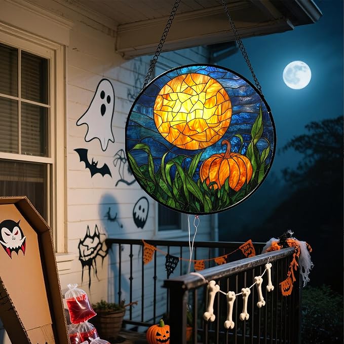 Stained Glass Window Hanging - Halloween Decorations Orange Pumpkin Moon Suncatcher for Doors Garden Indoor Spooky Funny Sun Catchers Gothic Decor Horror Gifts for Women Men Friend 7.8 in