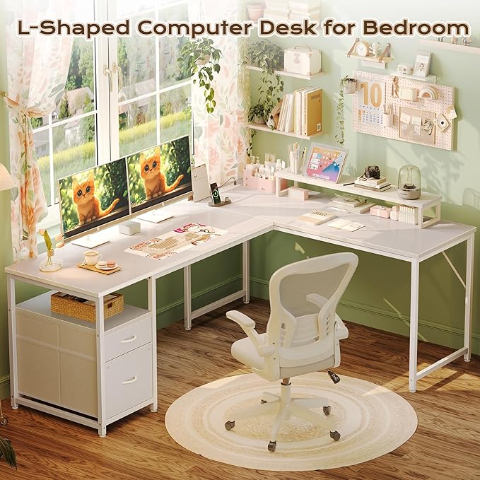 PRAISUN 63 Inch L Shaped Desk with Power Outlets and USB-C Port, Computer Corner Home Office Desk with File Fabric Drawers and Movable Monitor Stand, Larger Storage, Gaming, Writing, Work, White