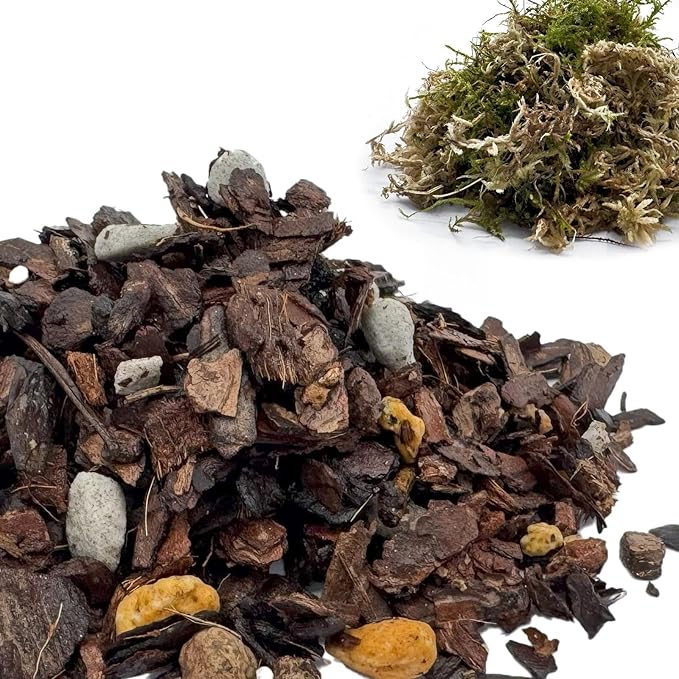 Organic Orchid Potting Mix, Mixture of Perlite, Pine Bark, Volcanic Rock, Coconut Coir, Pine Needle Soil, and 7 Other Components+Orchid Sphagnum Moss (1 QT)