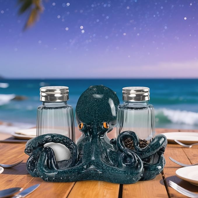 Decorative Octopus Salt and Pepper Shaker Holder, Coastal Kitchen Decor (Octopus)