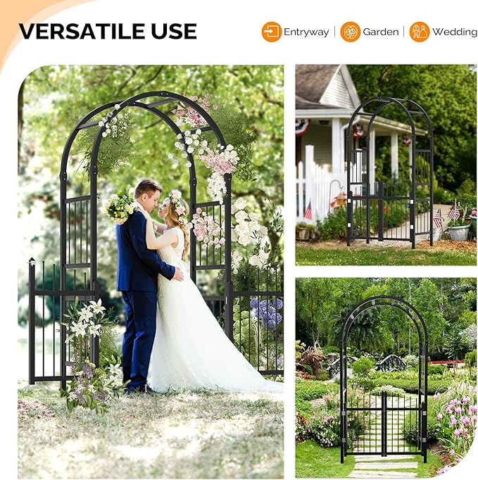 VINGLI Garden Arbor with Gate, PVC Frame Trellis Garden Arch for Plant Climbing, Vinyl Pergola Wedding Arch Backdrop Standing for Backyard, Lawn, Event (Black)