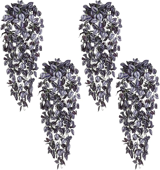 BLEUM CADE Fake Hanging Plants, 4pcs Artificial Hanging Plant, Faux Deep Purple Vines Hanging Plant for Wall Home Living Room Indoor Outdoor Halloween Decor (No Baskets)