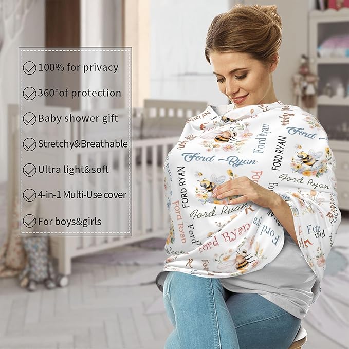 Personalized Baby Car Seat Cover with Name Stroller Canopy Custom Bee Carseat Cover Newborn Baby Boy Girl Nursing Cover for Moms First Birthday Gift