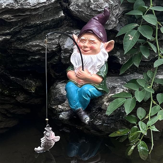 Garden Gnome Fishing Statue, 9.7" Koi Pond Decor with Glow in Dark Pebbles, Great Gift for Mom