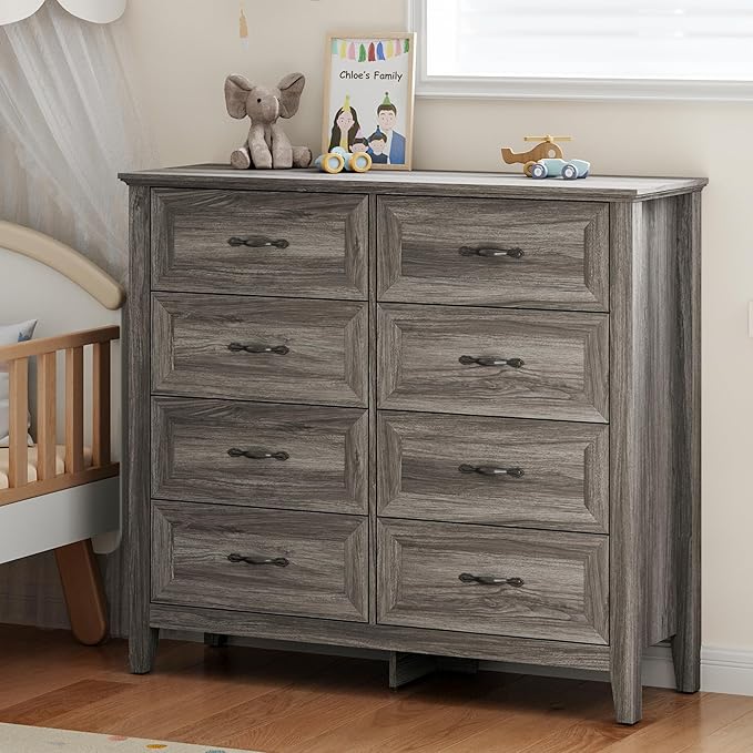 LINSY HOME 8 Drawers Dresser for Bedroom, 47" Wide Wooden Storage Chest with Antique Handles, Modern Farmhouse Dresser TV Stand with Wood Legs for Closet, Living Room, Hallway, Grey