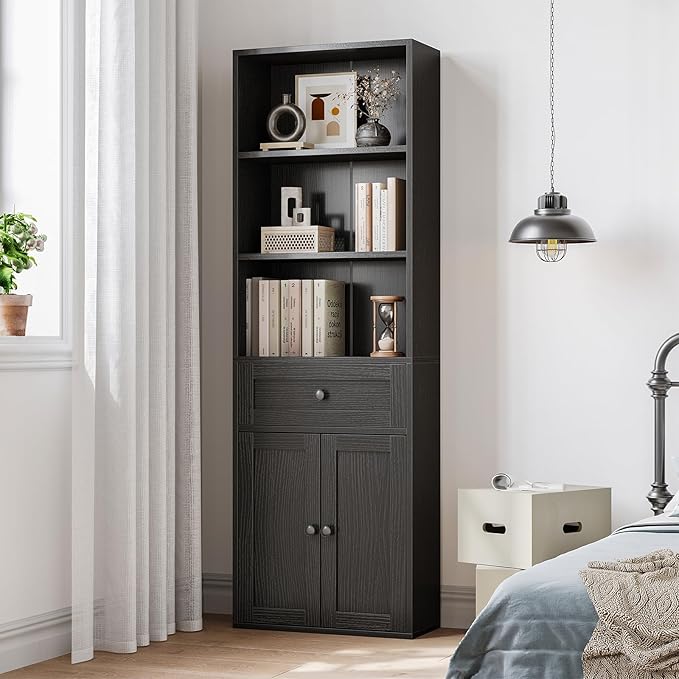 Casaottima Bookshelf and Bookcase with Doors and Drawer, Floor Standing 6-Tier Shelf Display Storage Shelves, Tall Bookcases for Home Office, Living Room, Black