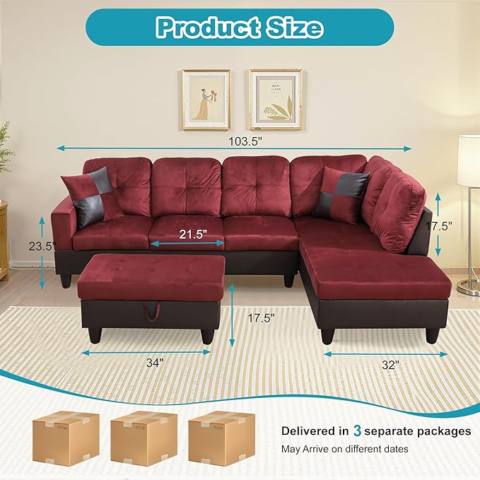 Couches for Living Room Modern L Shaped Couch Comfy Flannel Fabric 3 Pieces Sectional Sofa with Chaise, Ottoman with Storage for Office and Small Apartment, Red