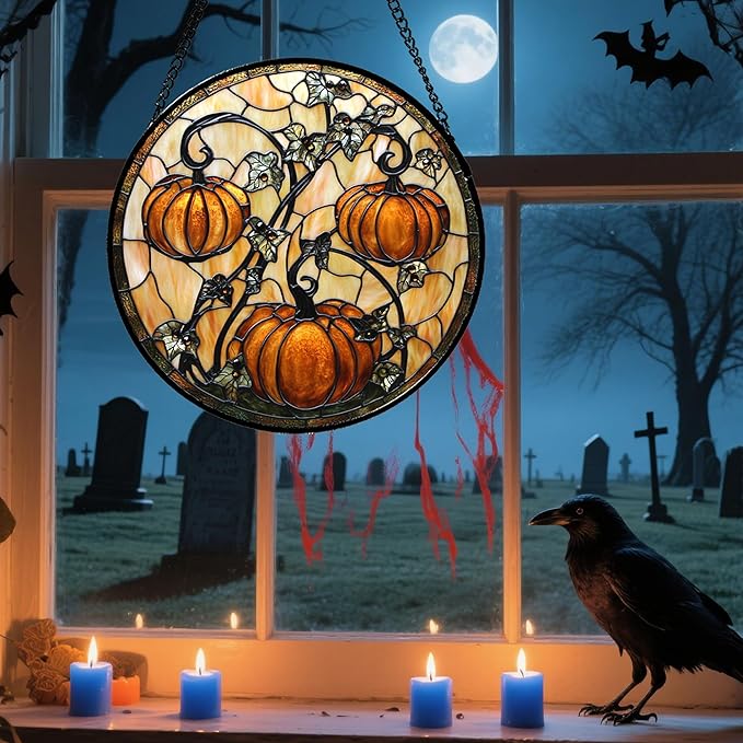 Stained Glass Window Hanging - Halloween Decoration Orange Pumpkin Vine Leaves Suncatcher for Door Garden Spooky Sun Catchers Gothic Decor Horror Gifts for Women Men Friend Boy Girl 6.3 in