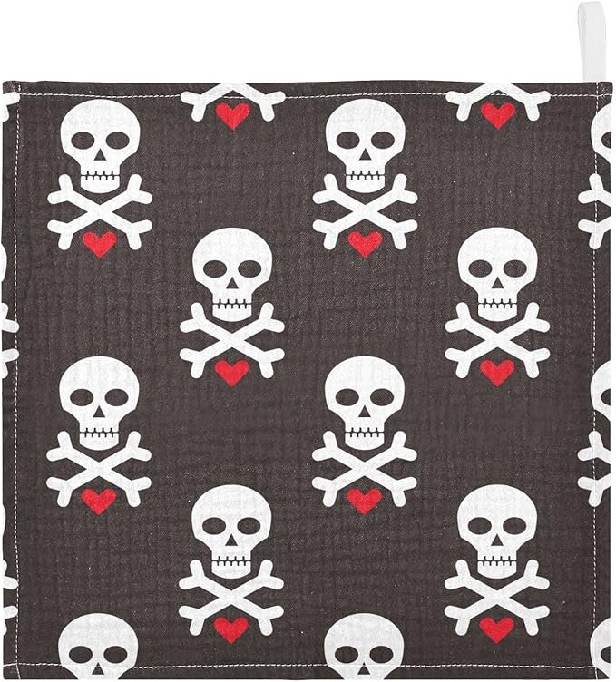 Baby Washcloths Cotton Skull Red Heart Baby Muslin Washcloths Soft Baby Face Towel for Newborn Infants Baby Wipes, 11.8 X 11.8 Inch, 5 Pack