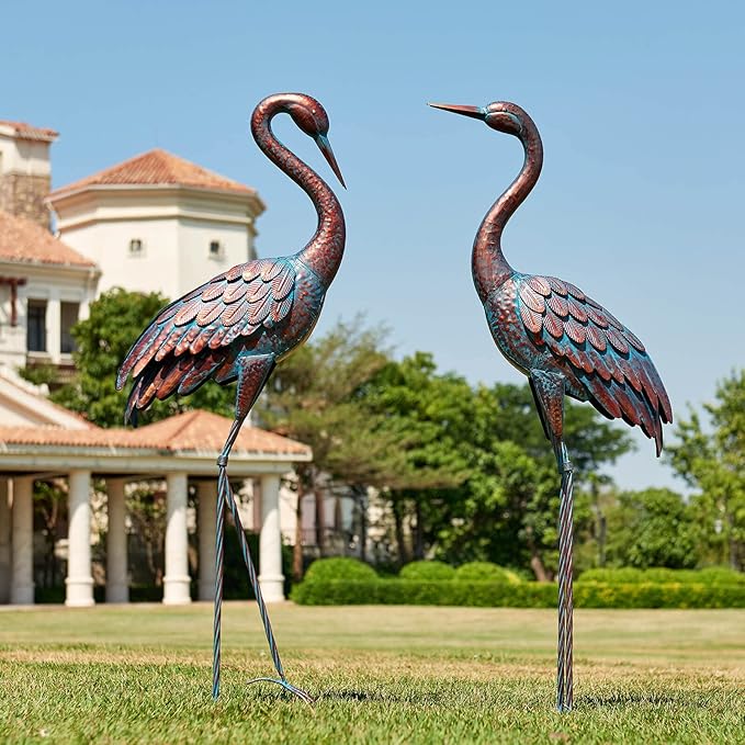 Kircust Garden Crane Statues Patina Heron Decoy, Standing Metal Crane Sculptures Bird Yard Art for Outdoor Decor, 47-48 Inch, Set of 2