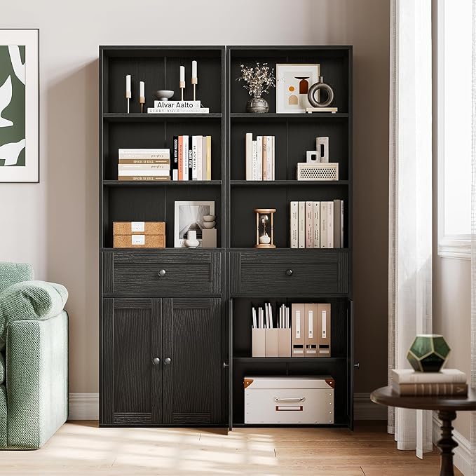 Casaottima Bookshelf and Bookcase with Doors and Drawer, Floor Standing 6-Tier Shelf Display Storage Shelves, Tall Bookcases for Home Office, Living Room, Black