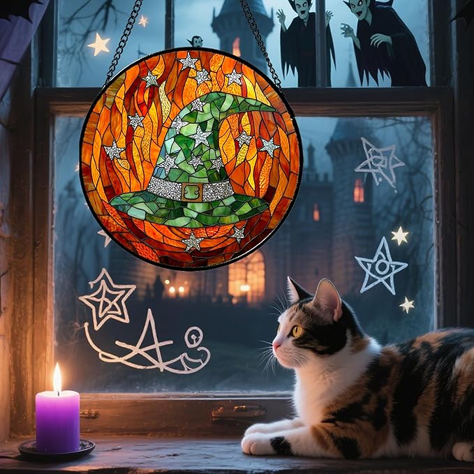 Stained Glass Window Hanging - Halloween Decorations Witch Hat Suncatcher for Doors Garden Indoor Spooky Funny Green Sun Catchers Gothic Decor Horror Gifts for Women Men Friend 7.8 in