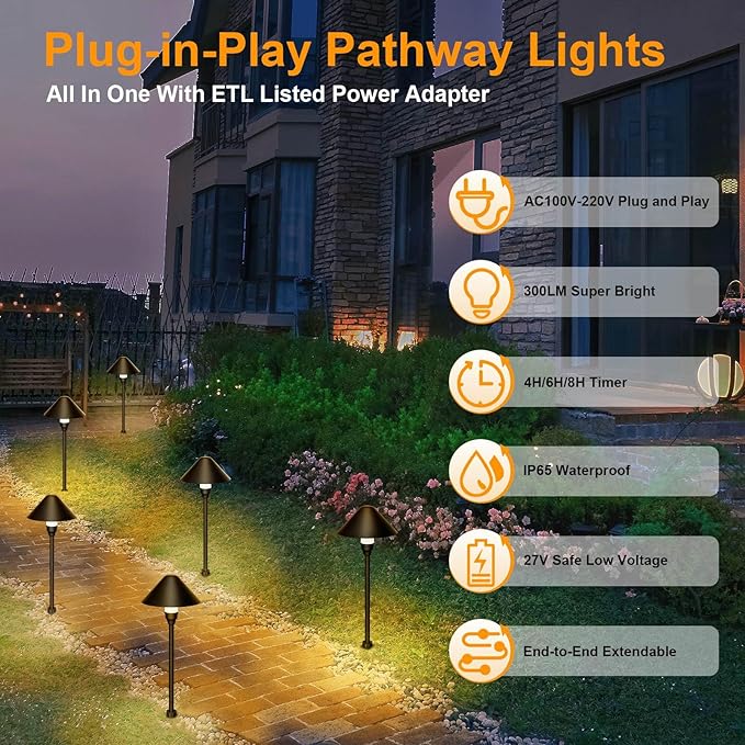 Low Voltage Pathway Lights with Timer, 4H/6H/8H Auto On/Off Low Voltage Landscape Lighting 3000K Waterproof LED Landscape Path Lights for Flower Bed Backyard Walkway Driveway, Set of 4