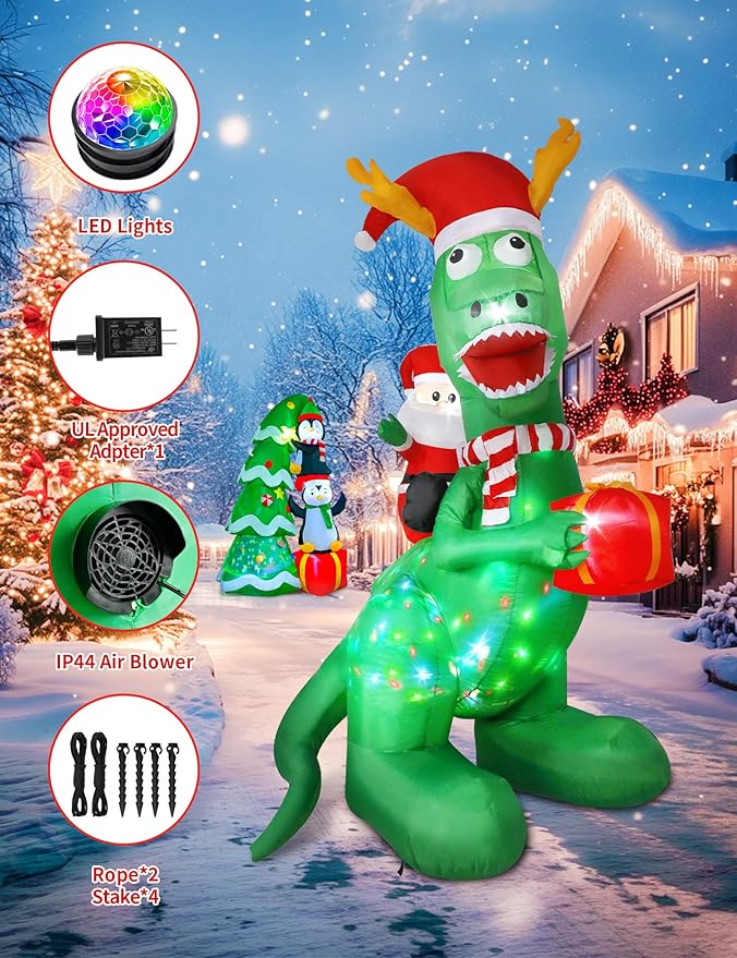 8ft Christmas Inflatables Dinosaur Outdoor Decorations with Bright LED and Disco Light, Santa Claus Riding Dinosaur Holding Gift Box, Outside Blow Up Decor for Xmas Holiday Party Yard Garden