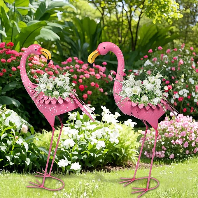 WONDER GARDEN Pink Flamingo Statue-Flamingo Planter Flower Pots - 2 Pack Flamingos Garden Statues Sculptures, Metal Birds Yard Art for Pond, Patio, Outdoor, Porch Decor