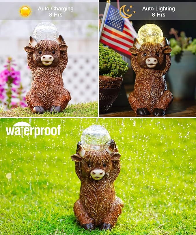 Nacome Solar Highland Cow Garden Decor - Outdoor Statues with Bubble Ball Balcony Lown Patio Porch Sculptures Front Yard Art for Outside - Birthday Gifts for Mom Grandma Women(Brown)