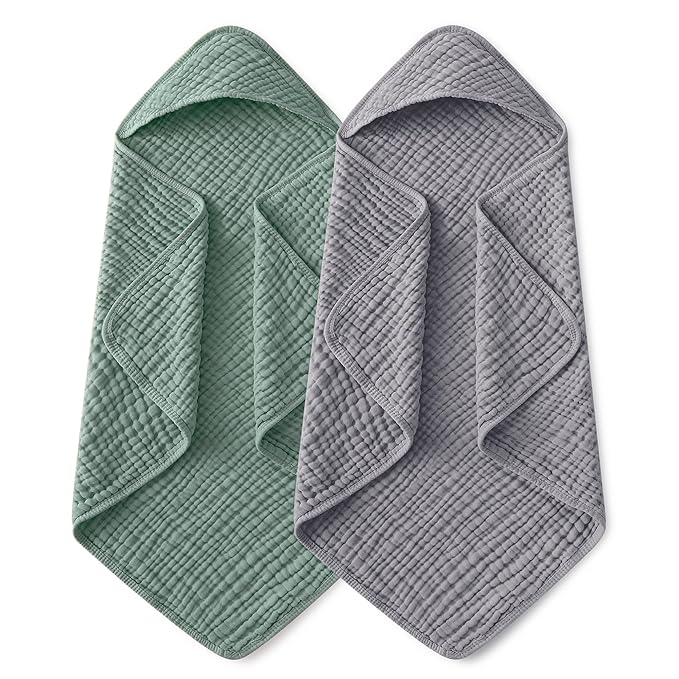 Yoofoss Hooded Baby Towels for Newborn 2 Pack 100% Muslin Organic Cotton Baby Bath Towel with Hood for Babies, Infant, Toddler and Kids,37.5"x37.5",Soft and Absorbent Newborn Essential,Grey&Dark Green