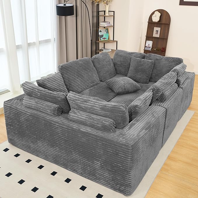 KEIKI 135" U Shape Sectional Sofa,6-Seater Modular Couch with Striped Corduroy Fabric for Living Room,Customizable Design