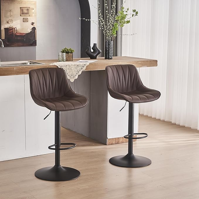 YOUNIKE Bar Stools Set of 2, Faux Leather Padded Bar Stool Counter Height Swivel Bar Chairs, Adjustable Barstools with Back for Kitchen Island, Modern Tall Bar Stools with 300LBS Support, Brown