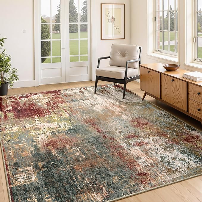 Washable Area Rugs 4'x6' Non-Slip Modern Abstract Soft for Living Room Entryway Bedroom Nursery, Print Pattern, Brown Rust Red Multi