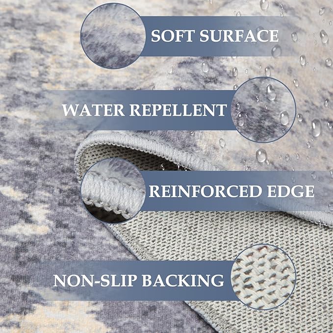Washable Area Rugs 6ft Non-Slip Modern Abstract Soft for Living Room Entryway Bedroom Nursery, Print Pattern, Purple Grey Cream Yellow