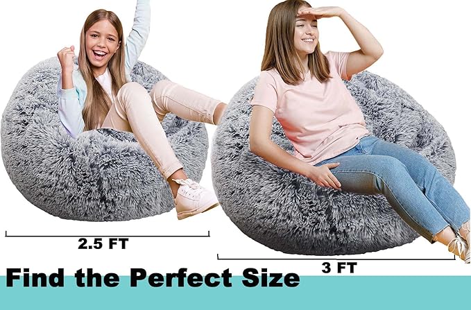 Fluffy Bean Bag Chair, 3FT Round Memory Foam Filled Bean Bag for Teens & Kids, Ultra Soft Faux Fur Fabric Bean Bag Chairs for Playroom, Living Room, Bedroom, Gray