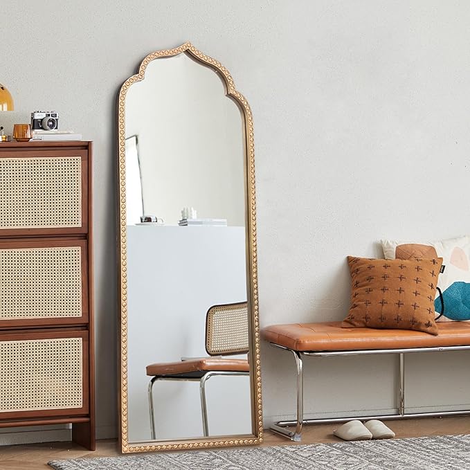 Large Arch Mirror, 20"x53" Gold Arched Floor Mirrors for Dressing, Metal Beaded Frame Decorative Vintage Mirror, Scalloped Full Length Mirrors for Living Room Bedroom Hallway Entryway