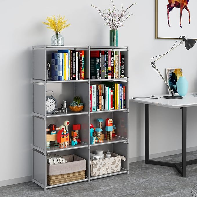 JIUYOTREE 5-Tiers Closet Storage Organizer with Fabric Cloth at Back，Double Row Modular Cubes Bookshelf,Living Room,Study Room,Bedroom,Grey