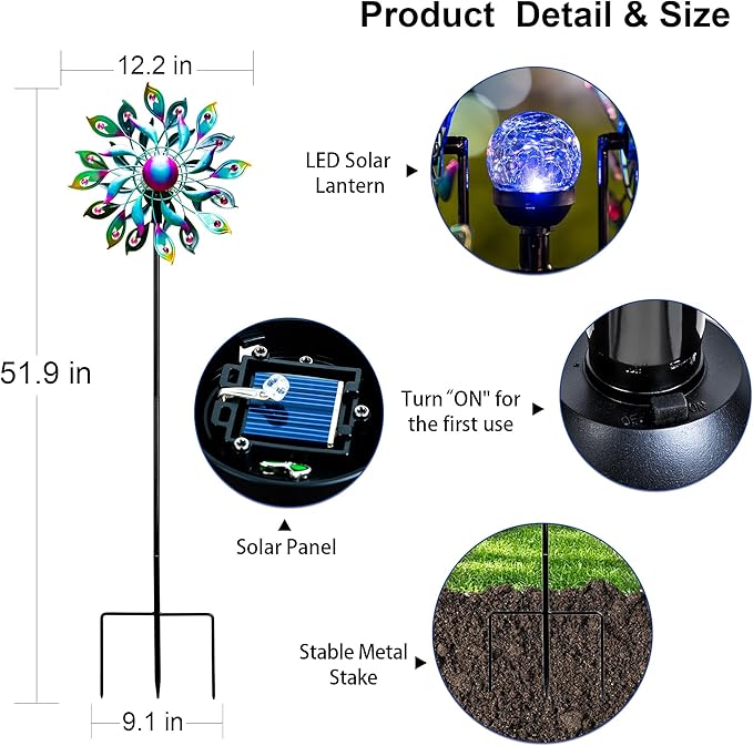 51.9" Peacock Solar Wind Spinner Outdoor Decor – Waterproof LED Lighted Garden Art with Adjustable Metal Pole, IP65 Weather Resistant for Yard, Patio