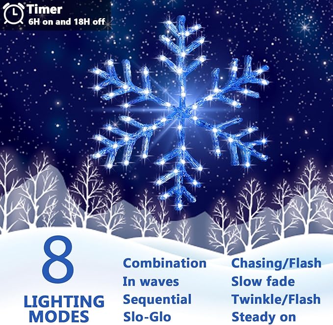 Christmas Window Snowflake Lights Decorations, Battery Operated Led Hanging Iron Lights, 8 Lighting Modes for Home Bedroom Indoor Outdoor Wall Holiday Decor (Blue, 4 Pack)