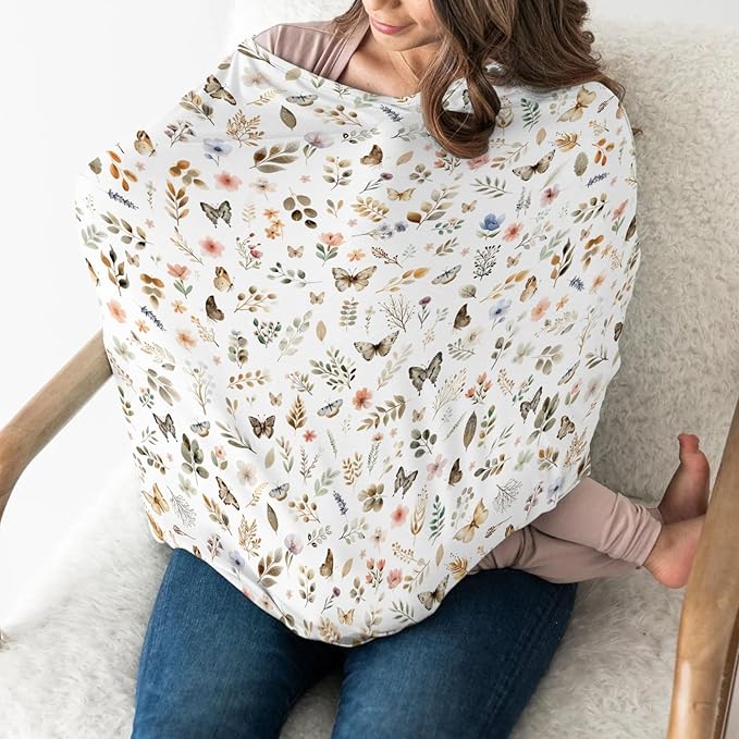 Botanic Gardens Baby Car Seat Covers Beige Floral Butterflies Stretchy 5-in-1 Cover Boho Spring Wildflowers Leaves Adjustable Infant Carseat Canopy Cover Breathable Nursing Cover-Up
