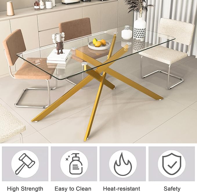 60" Rectangular Glass Dining Room Table for 6 with Tempered Glass Top and Gold Metal Legs, Modern Clear Kitchen and Dinner Table for Home Office Dining Room