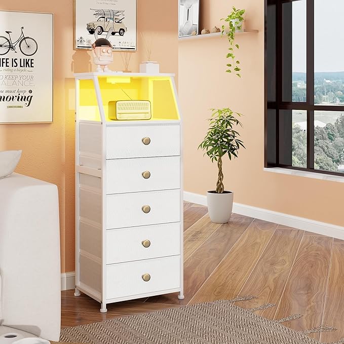 Tohomeor Dresser with Fabric Drawers Nightstand with 2 Tier Shelf Storage Tower for Bedroom Hallway Entryway Closet Organizer Sofa Beside Table Furniture (White, 5 Drawers)