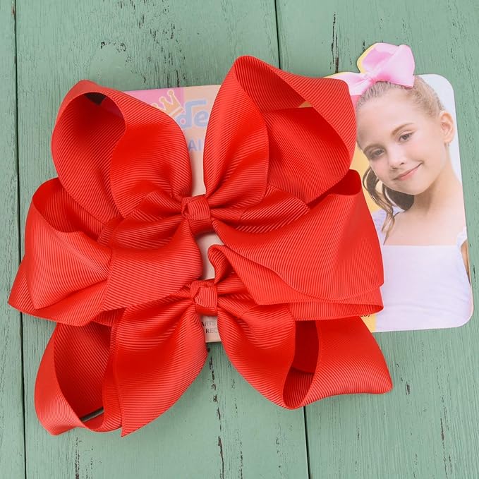 DEEKA 2 PCS 6" Big Hand-made Grosgrain Ribbon Solid Color Hair Bows Alligator Clips Hair Accessories for Little Teen Toddler Girls Kids Set of 2 -Red