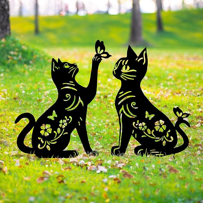 Cat Metal Decor for Outside,Garden Stakes Decorative Cat Gifts for Women/Men,Black Silhouette Statues for Yard Ornaments,Lawn, Patio, Pathway,Outdoor Garden Decor